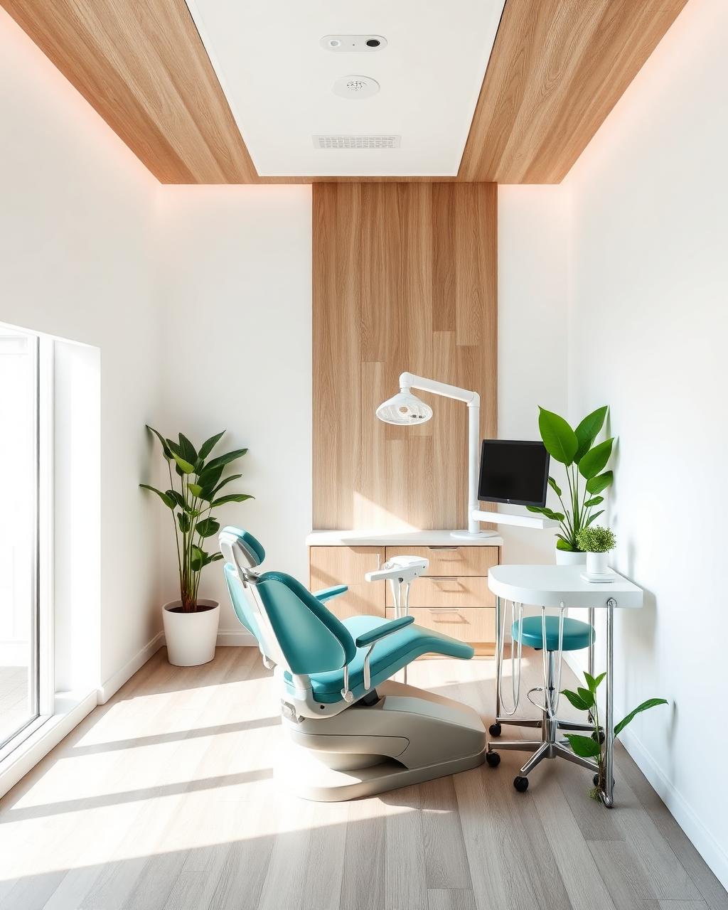 Modern dental clinic interior with teal chair and natural light